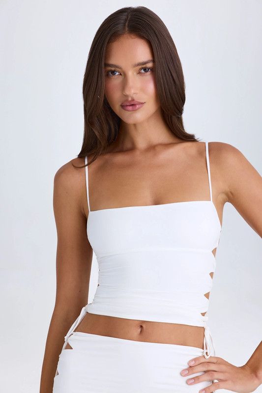 Ruched Cut-Out Top in White - Size:XL